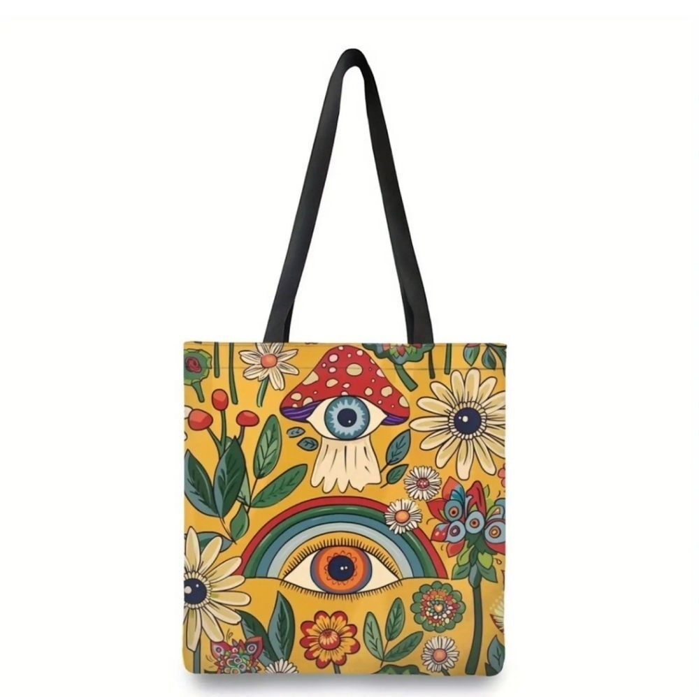 Rainbow mushroom eye floral tote bag